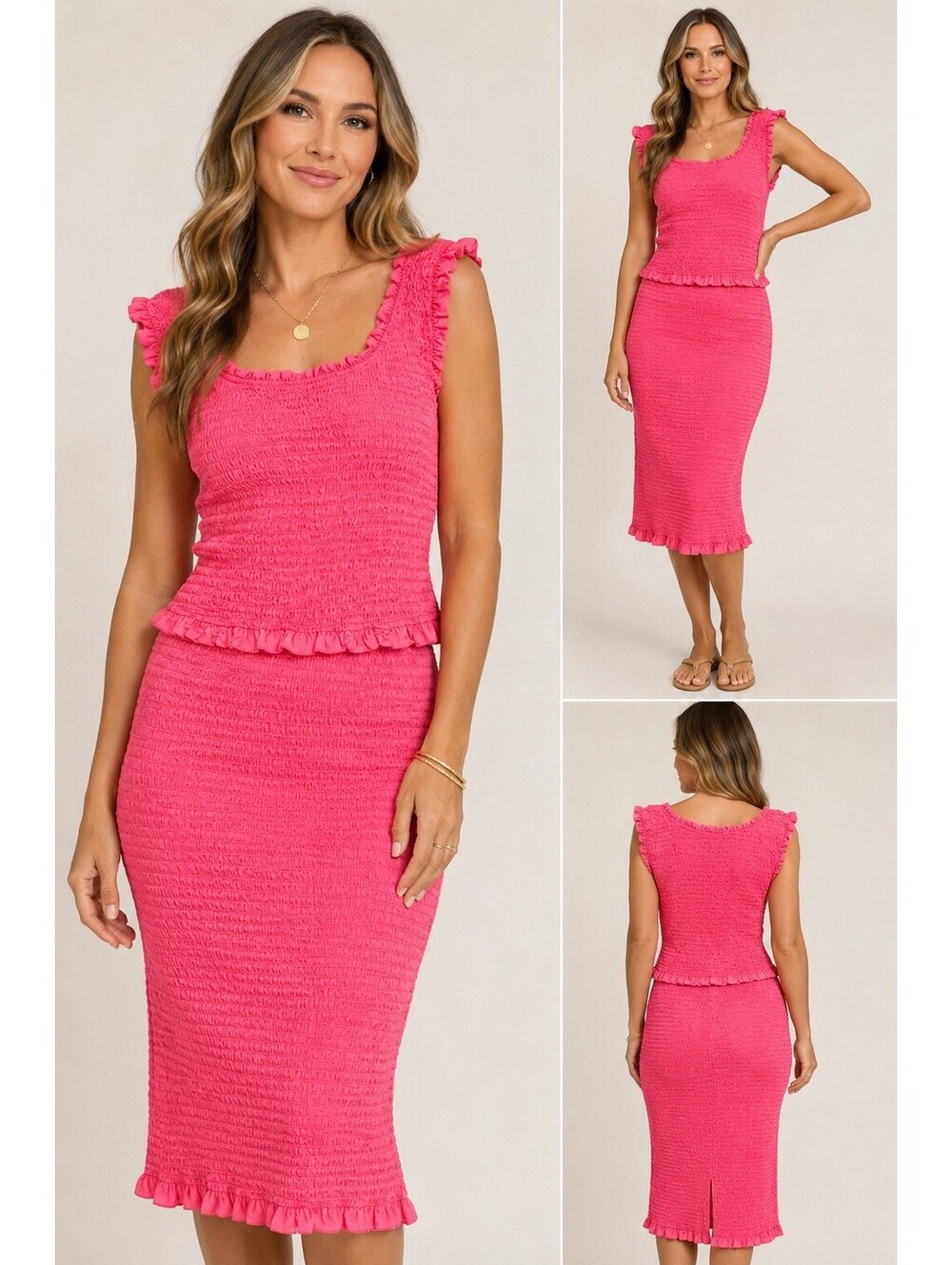 HEYSON Women’s L Pink Smocked 2 Piece Set Ruffle Top Midi Skirt NWT